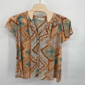 Rose + Olive Women's Plus Size 2X Patchwork Print Orange Teal Blouse Top